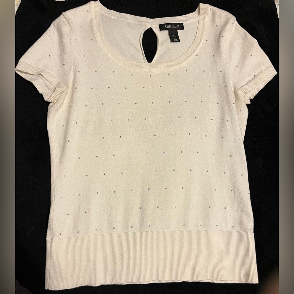 White | Black top, scoop neck, and metal dot pattern in size Medium